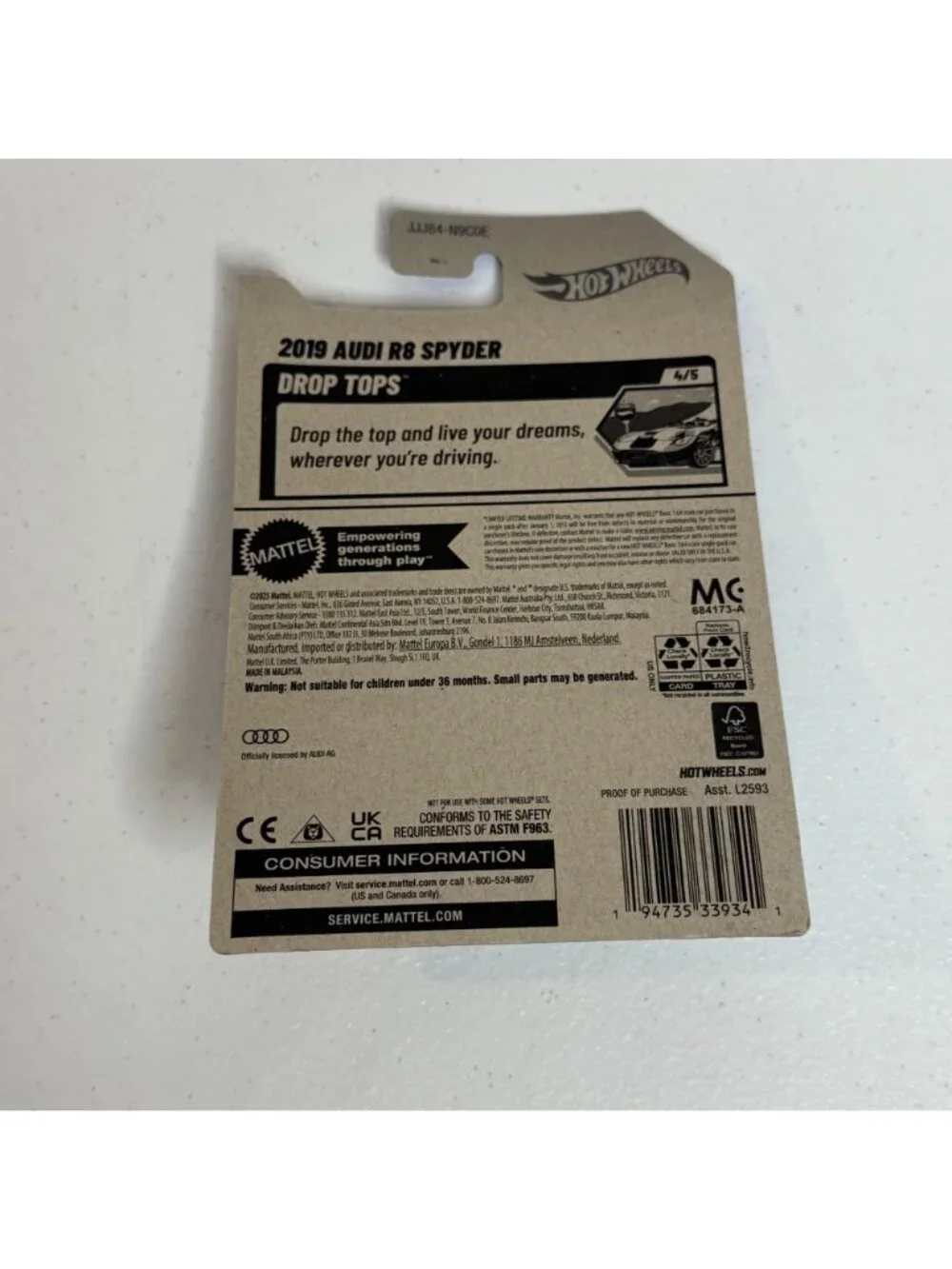 Hot Wheels 2019 Audi R8 Spyder Drop Tops 4/5 Black Diecast NOC